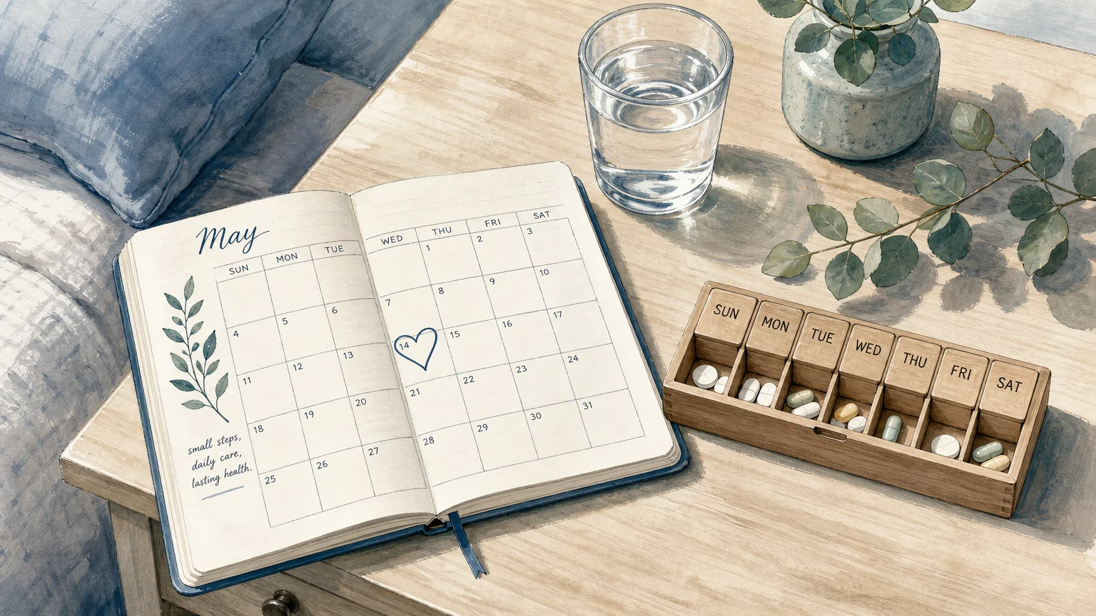A cozy gouache illustration of an open paper planner, a glass of water, and a weekly pillbox on a wooden bedside table.