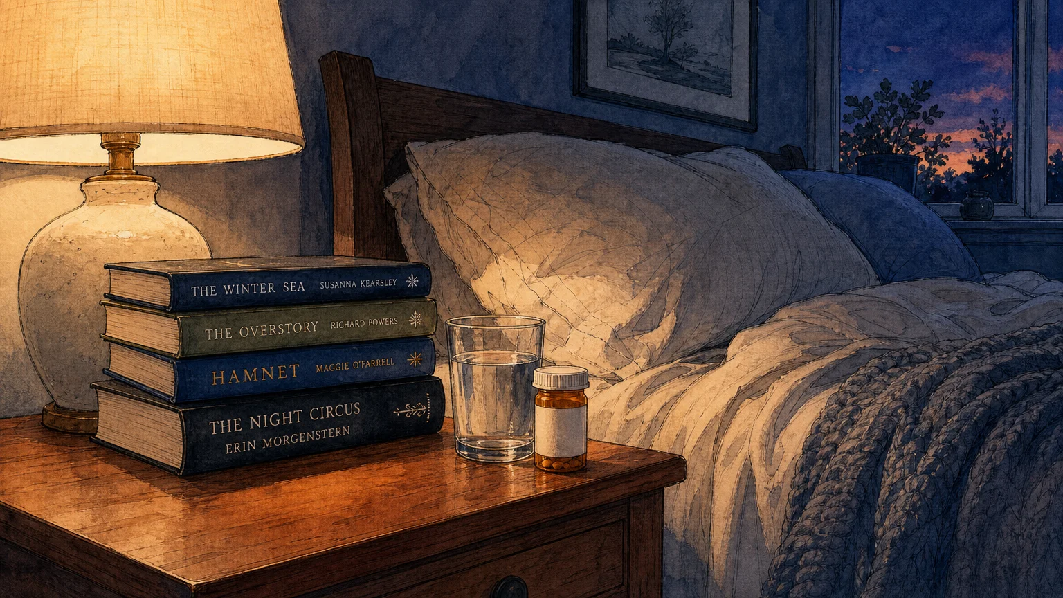 A cozy watercolor illustration of a bedside table with a lamp, a glass of water, and a prescription bottle, evoking a peaceful evening.