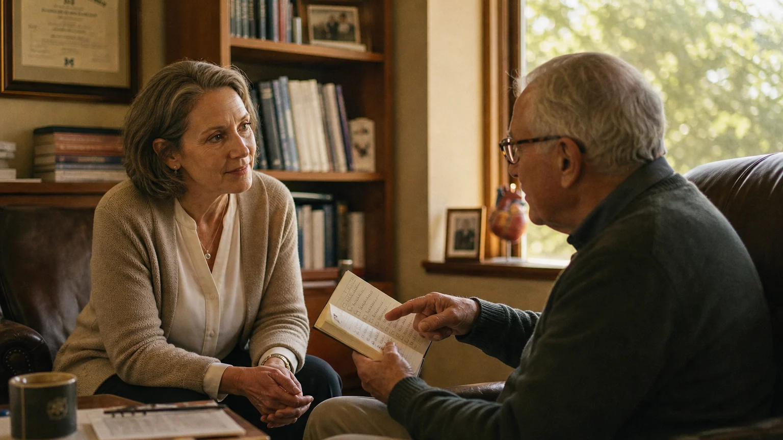 A doctor and an older man have a respectful conversation in a warm, comfortable office, discussing his health notes.