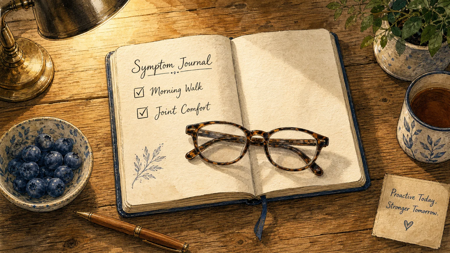 A flat-lay watercolor of a journal labeled 'Symptom Journal' on a wooden table alongside reading glasses and a bowl of blueberries.
