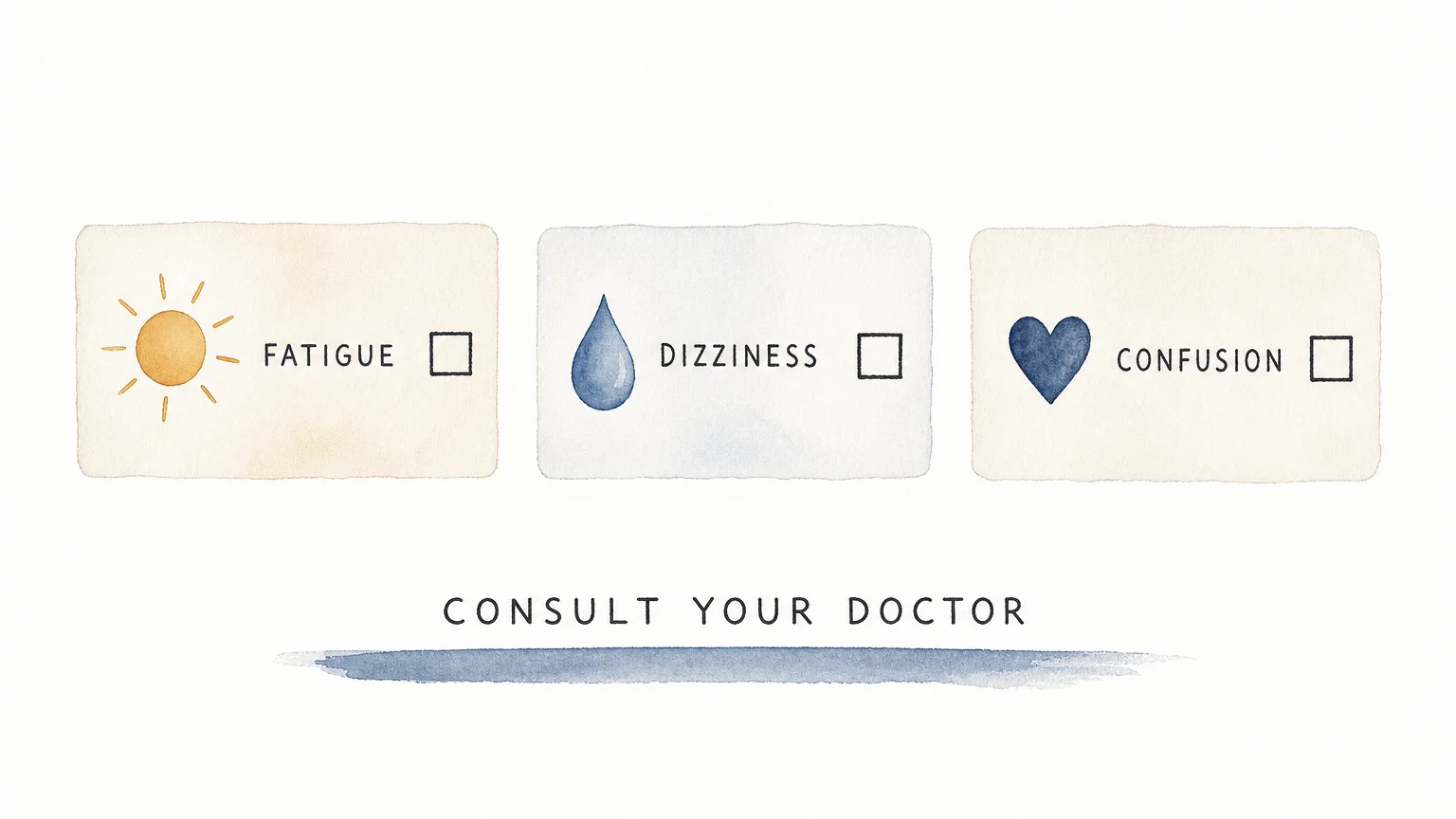 A hand-painted checklist showing warning signs like fatigue and dizziness, with the instruction to consult a doctor.
