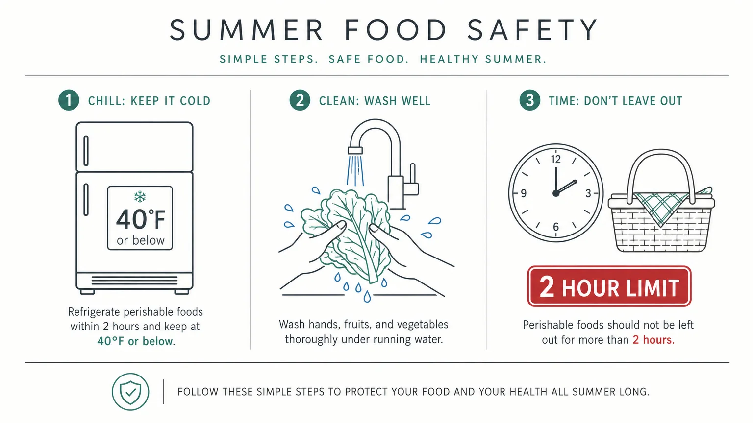 A horizontal minimalist infographic showing three panels: a refrigerator at 40 degrees, washing produce, and a 2-hour food safety limit.
