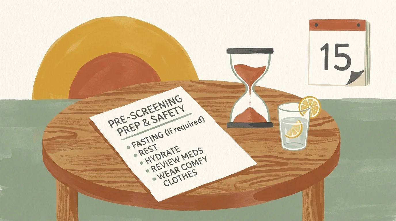 A mid-century gouache illustration of an organized table with a checklist, hourglass, and water glass, symbolizing careful preparation.