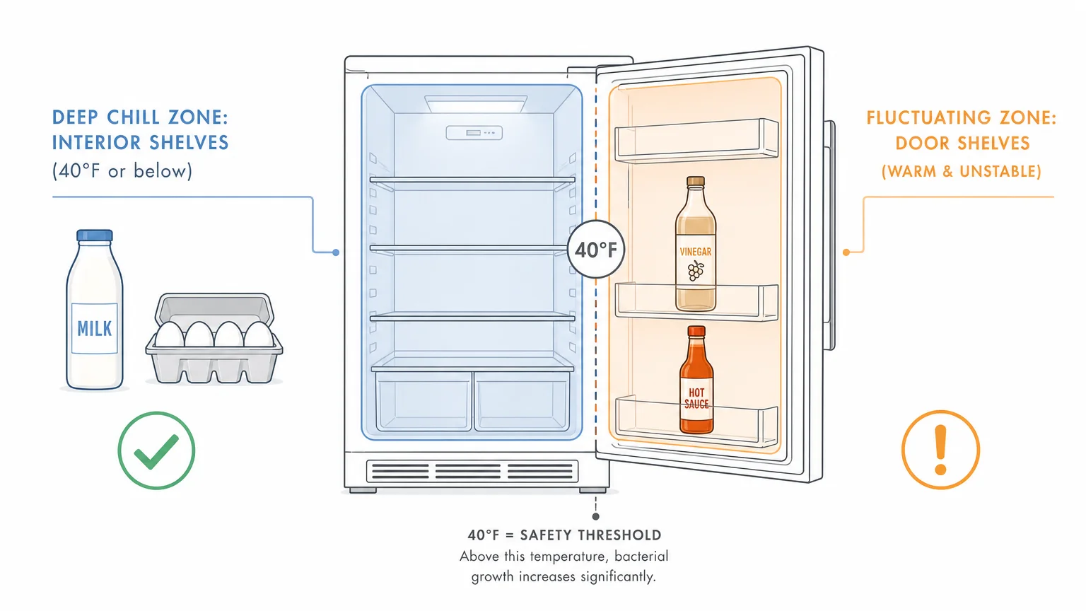 A minimalist diagram illustrating the cold deep chill interior zone versus the warm fluctuating door zone of a refrigerator.