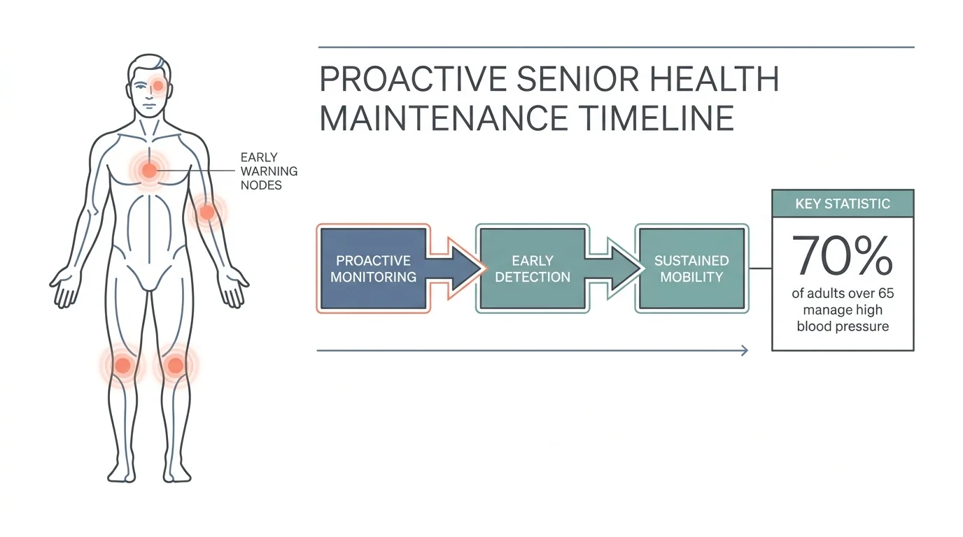 A minimalist diagram illustrating the timeline of proactive health screenings and early detection for older adults.
