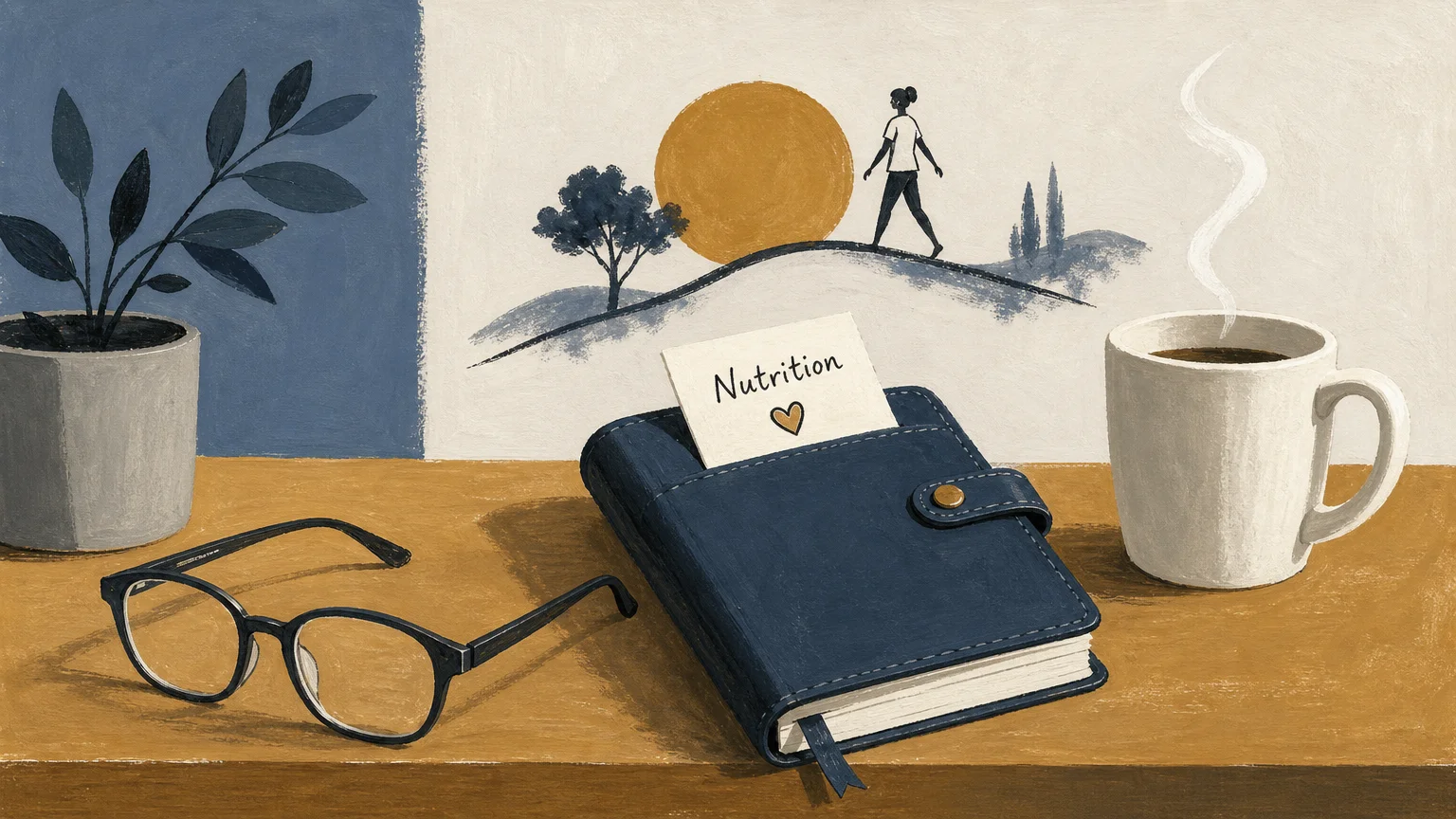 A minimalist gouache illustration of a planner and glasses on a desk, suggesting a thoughtful approach to health and nutrition.