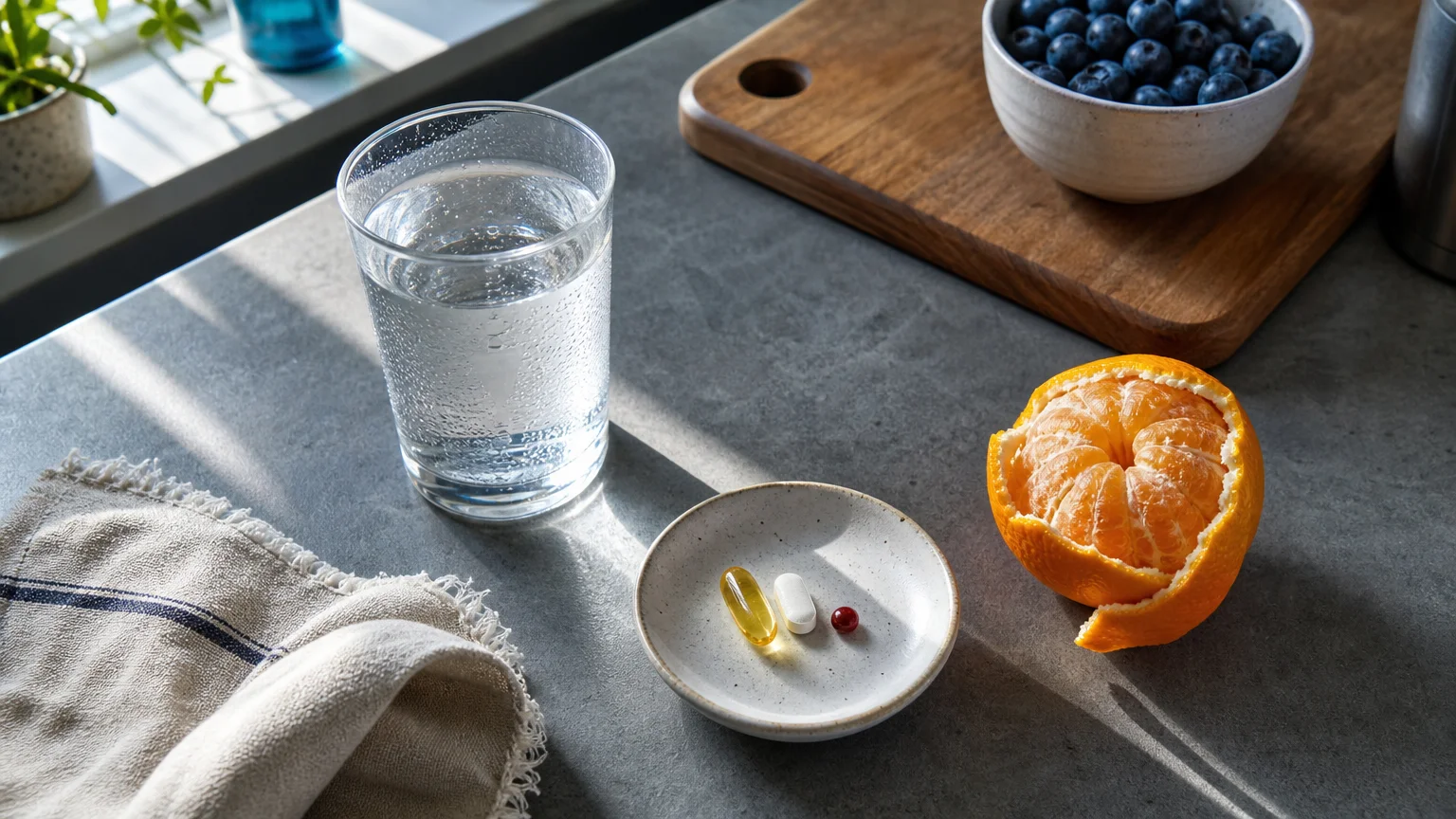 A morning routine scene on a kitchen counter featuring a glass of water, a saucer with three supplements, and a half-peeled orange.