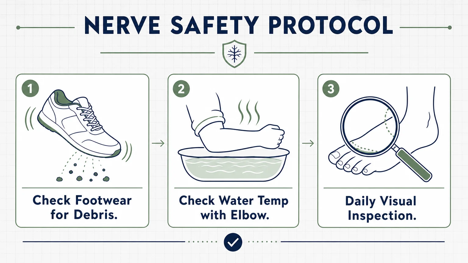 A safety checklist diagram showing how to check footwear, water temperature, and perform a daily foot inspection.