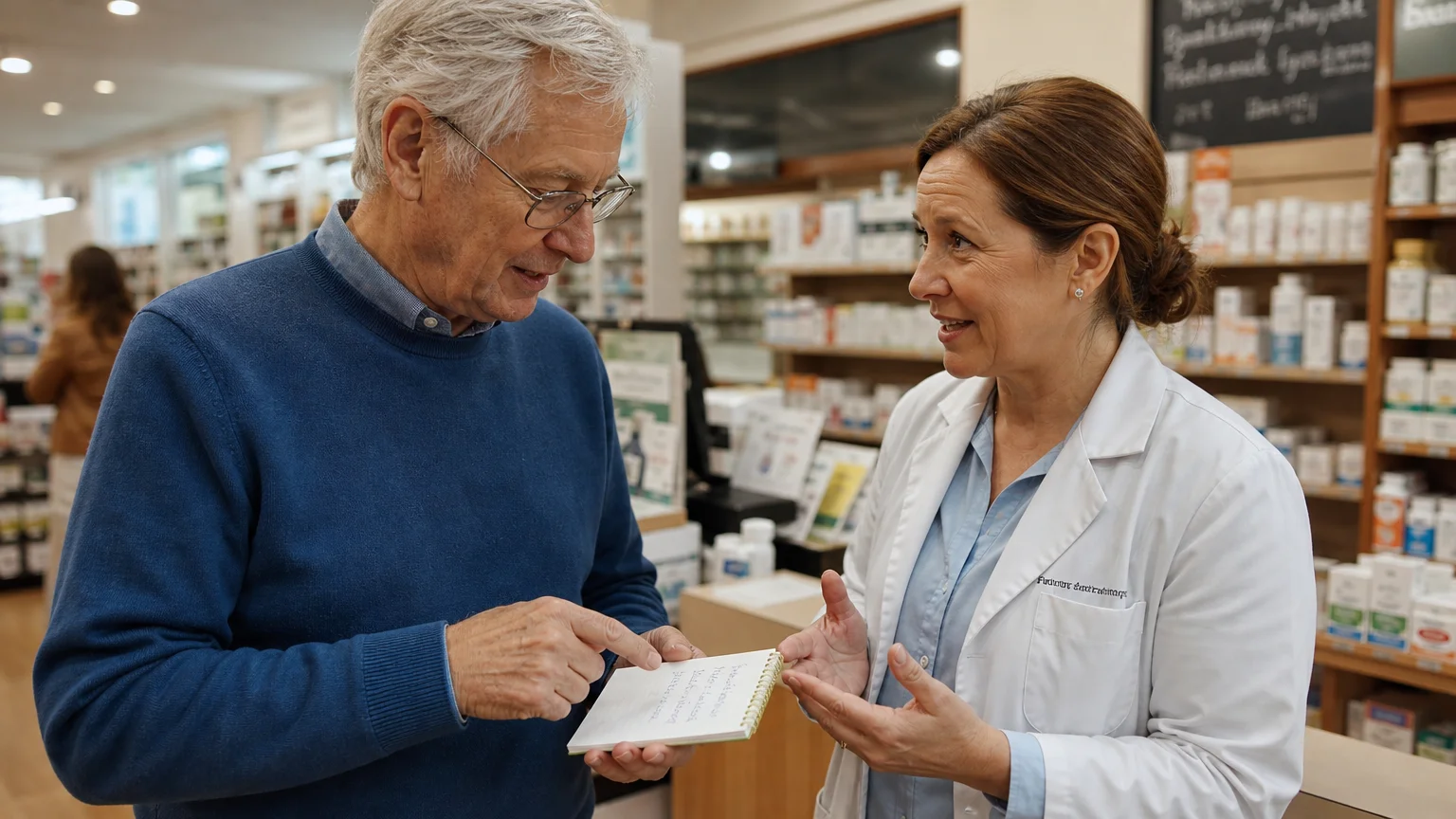 A senior man in a blue sweater discusses his health notes with a caring pharmacist at a neighborhood pharmacy.