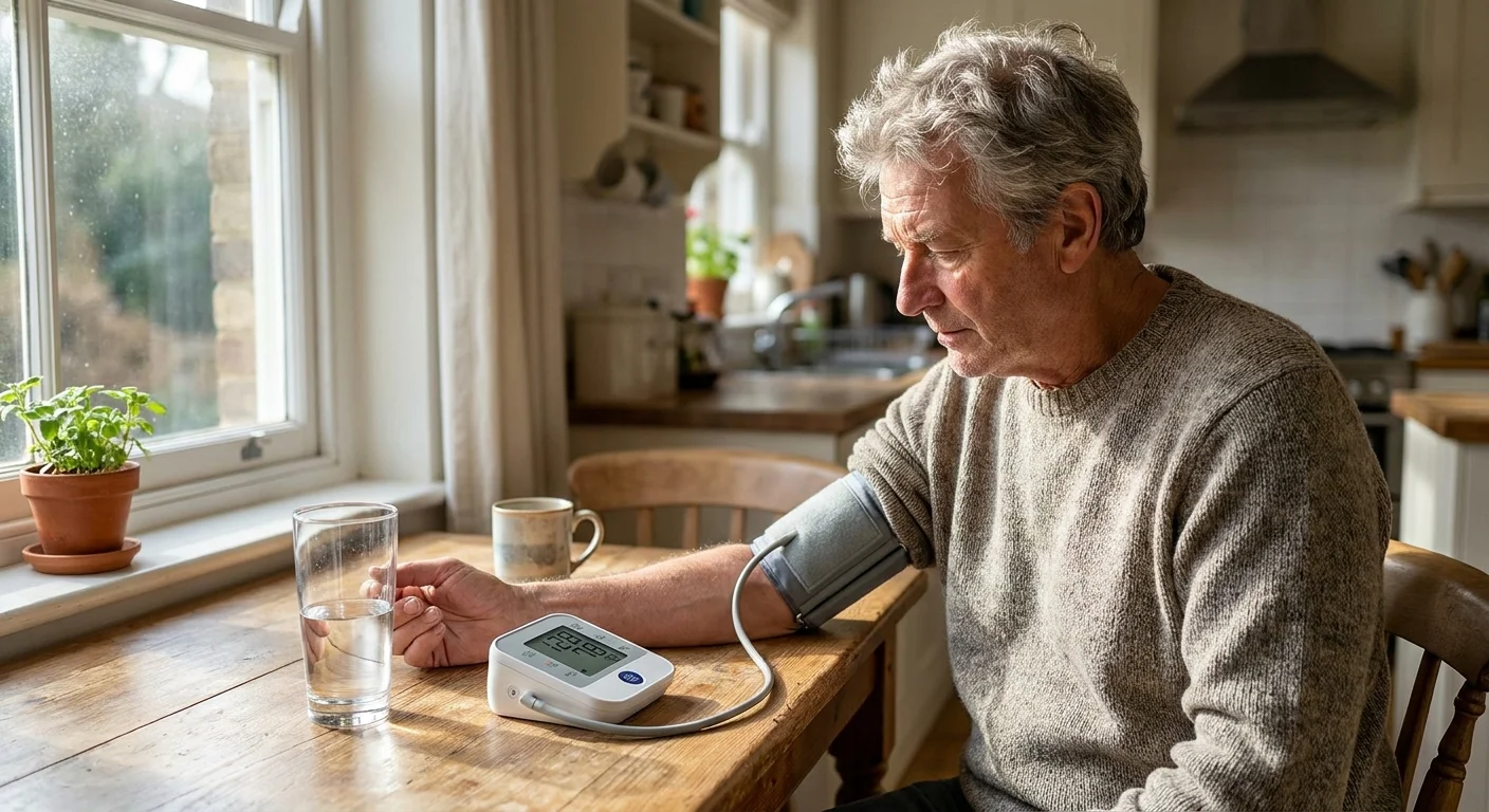 A senior man sitting calmly at a wooden kitchen table next to a digital blood pressure monitor in a sunlit room.
