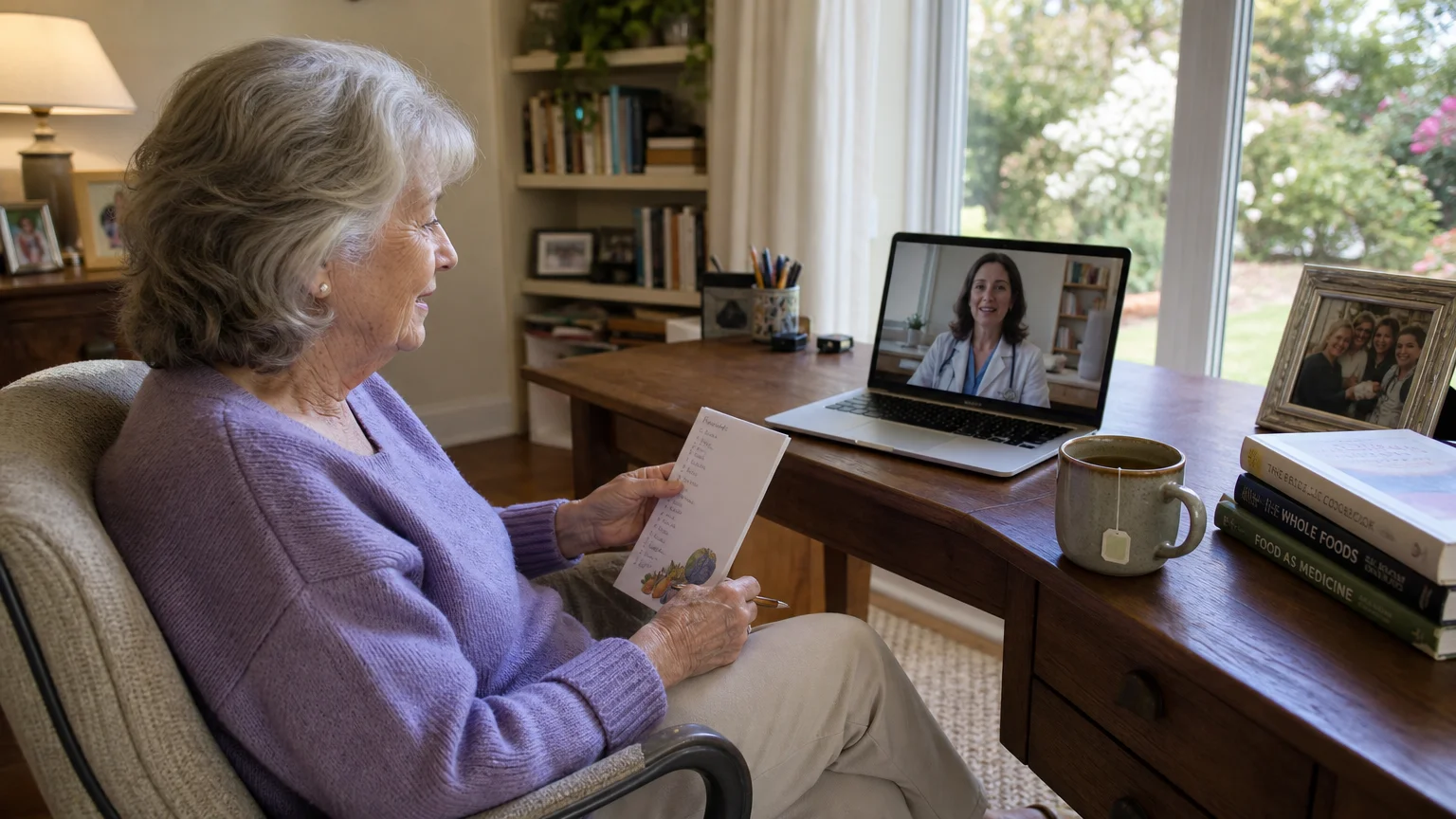 A senior woman having a relaxed video call with her doctor from her home office to discuss her diet.