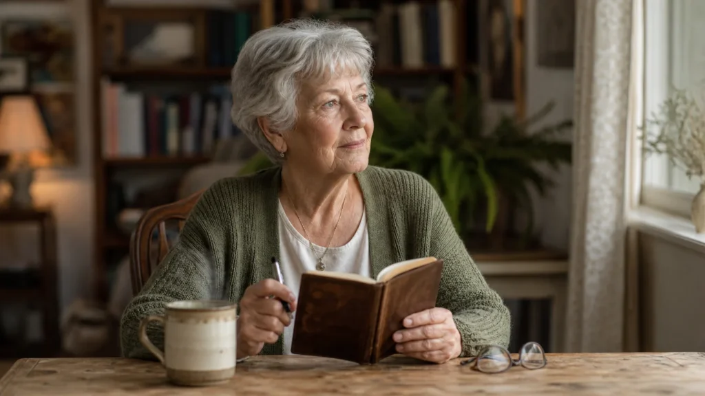 A senior woman sits thoughtfully at a wooden table with a journal and tea, bathed in warm morning light.