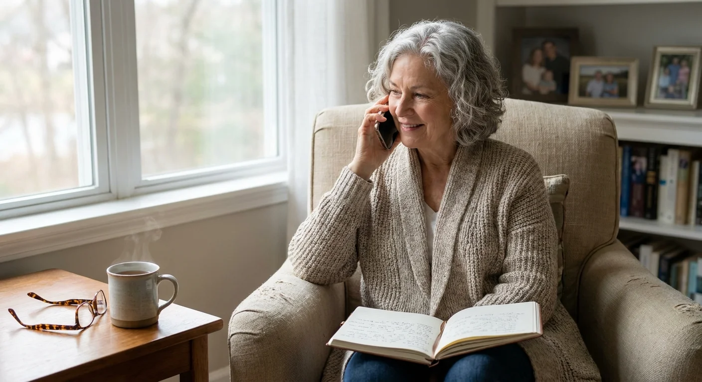 A senior woman sitting in a cozy armchair, reviewing a handwritten health log while talking on the phone.