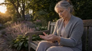 A senior woman sitting on a garden bench gently massaging her hand during sunset, focusing on the sensation in her fingertips.