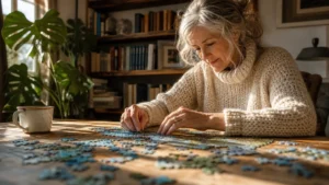 A senior woman with silver hair concentrates on a jigsaw puzzle in a sunlit room, symbolizing cognitive engagement and brain health.