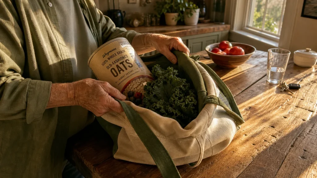 A senior's hands unpacking heart-healthy groceries like oats and kale on a sunlit wooden kitchen counter.