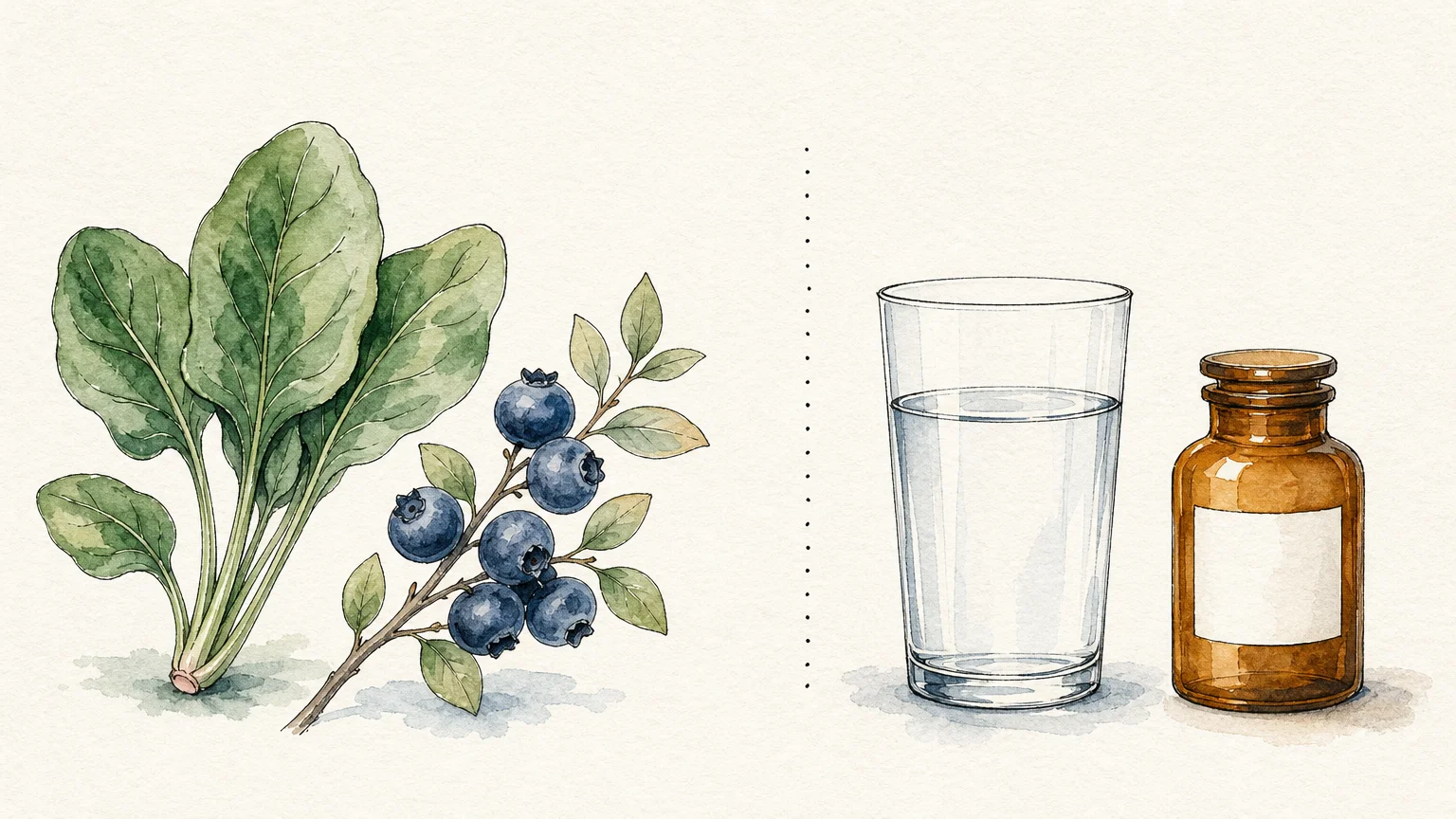 A soft watercolor illustration showing fresh greens and berries balanced with a glass of water and an apothecary bottle.