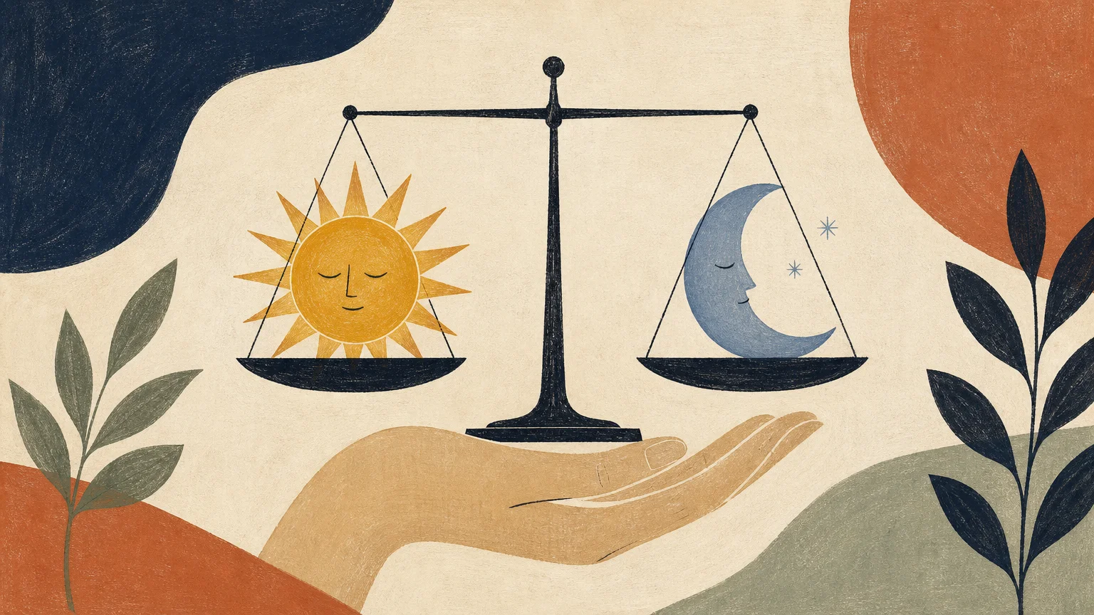 A stylized illustration of a balance scale holding a sun and a moon, symbolizing energy and rest.