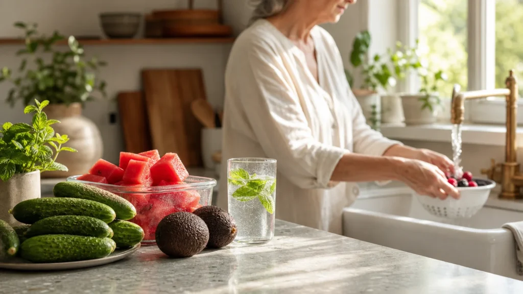 A sunlit kitchen counter showing fresh mini cucumbers, pre-cut watermelon, avocados, and a glass of mint water with a woman washing berries
