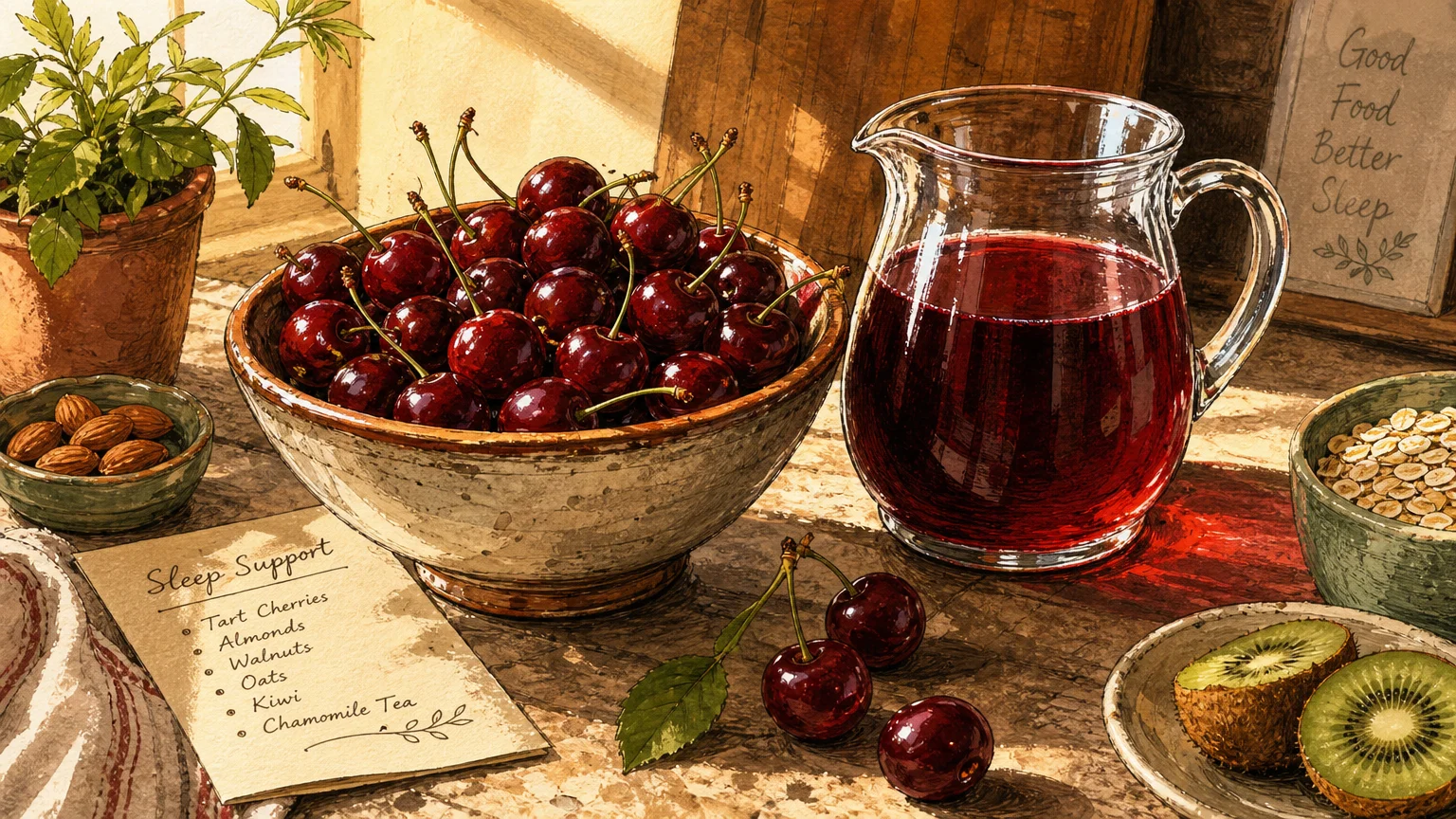 A textured gouache illustration of a bowl of fresh tart cherries and a pitcher of red cherry juice on a sunlit wooden counter.