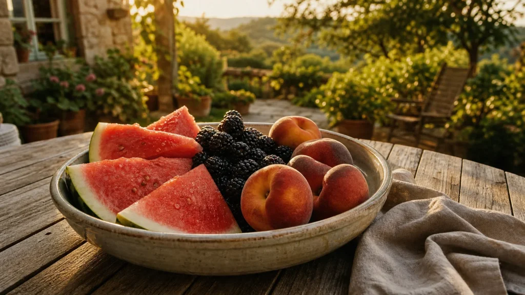 A vibrant bowl of sliced watermelon, peaches, and blackberries on a wooden patio table during a sunny afternoon.