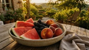 A vibrant bowl of sliced watermelon, peaches, and blackberries on a wooden patio table during a sunny afternoon.