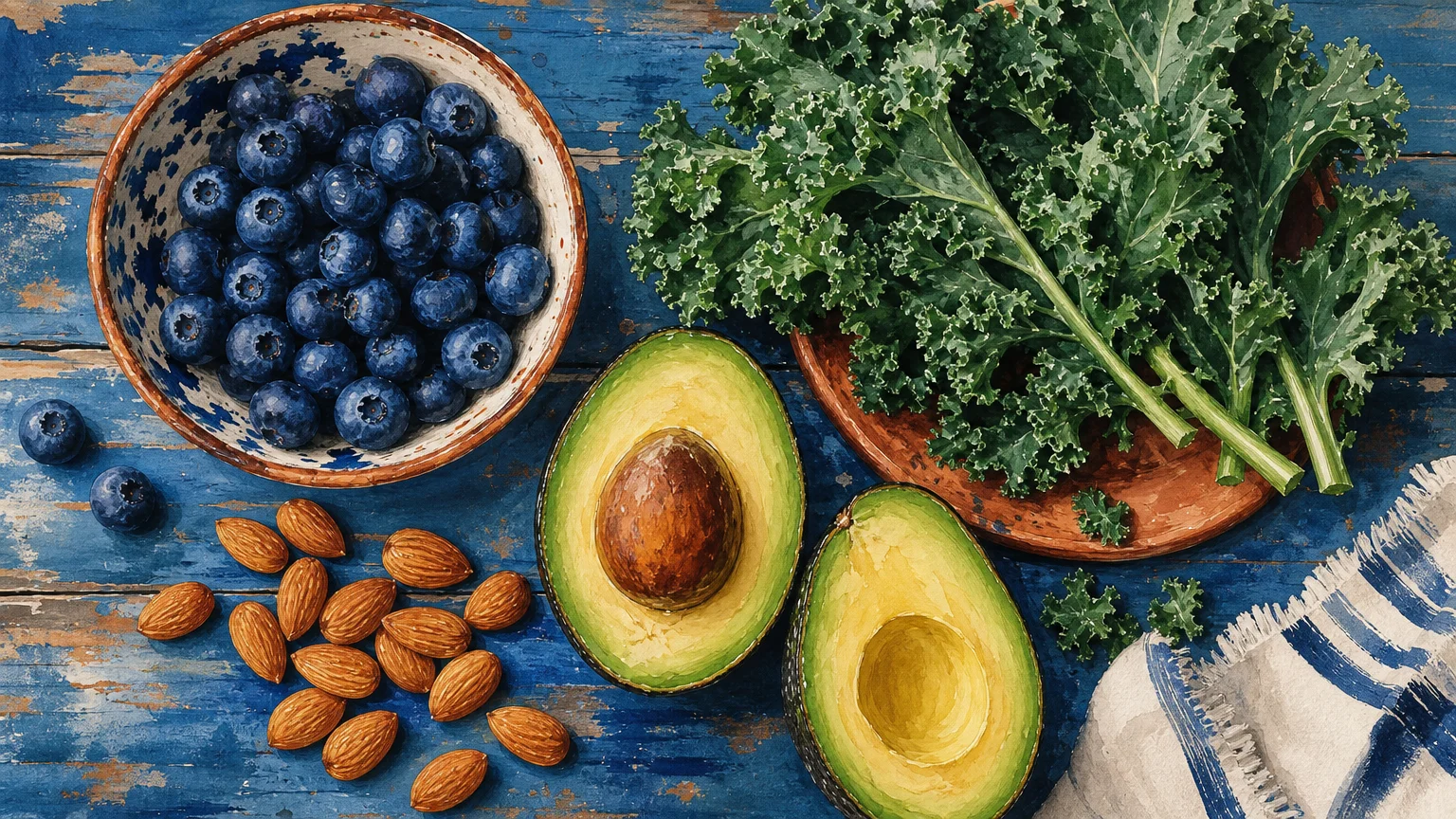 A vibrant gouache illustration of longevity foods, including blueberries, avocado slices, almonds, and leafy kale on a rustic table.