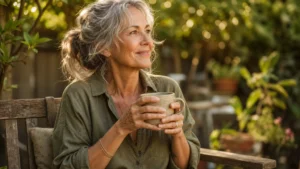 A vibrant woman in her 60s holds a warm mug outdoors in a sunny garden, looking relaxed and healthy.