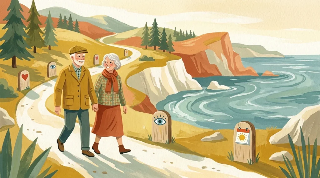 A warm gouache illustration of a senior couple walking along a coastal path with milestone markers symbolizing proactive health planning.