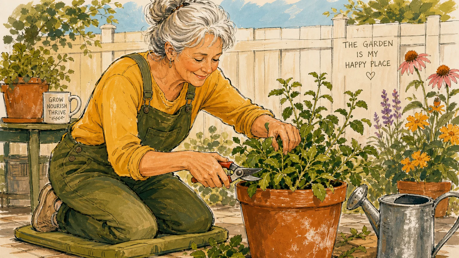 A warm gouache illustration of a senior woman happily tending to potted plants in a sunny garden.