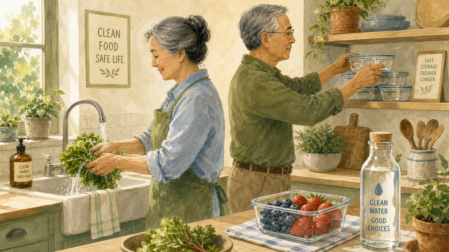 A warm gouache illustration of an older couple safely washing fresh vegetables and organizing clean glass containers in a sunny kitchen.