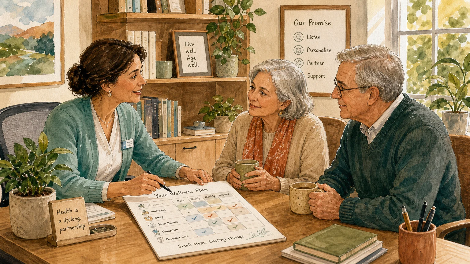 A warm illustration of a doctor in a friendly office discussing a wellness schedule with an older couple.