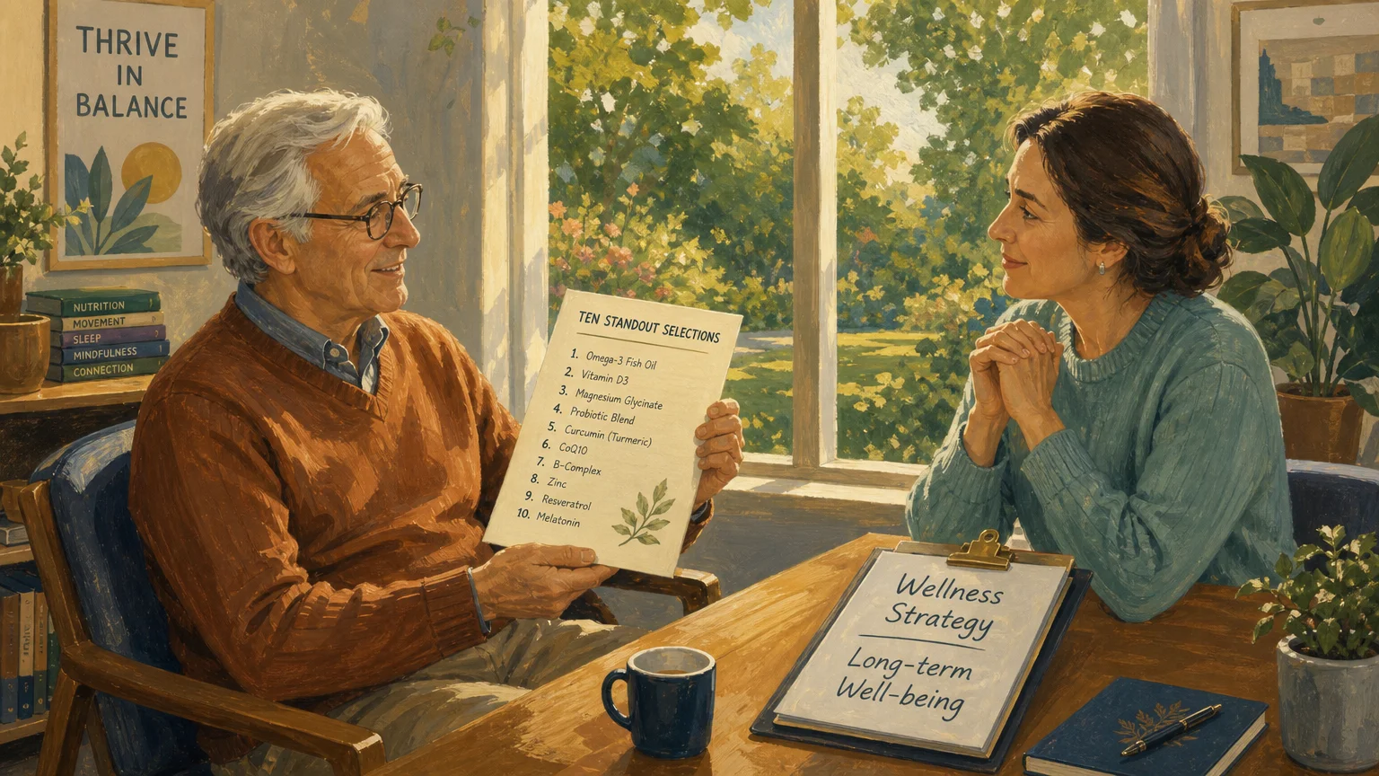 A warm illustration of a senior man discussing his shopping list with a health professional in a bright, friendly office.