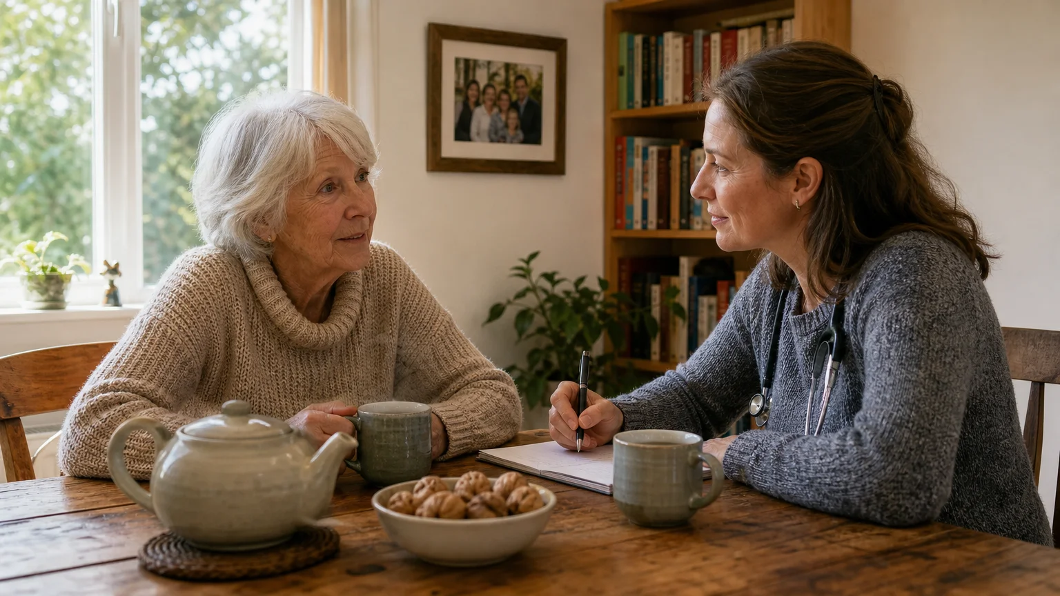 A warm, natural photograph of a senior woman consulting comfortably with a healthcare professional over tea at home.