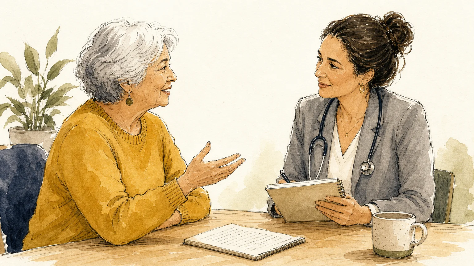 A warm watercolor illustration of an older patient and a doctor discussing healthcare plans over a small table.