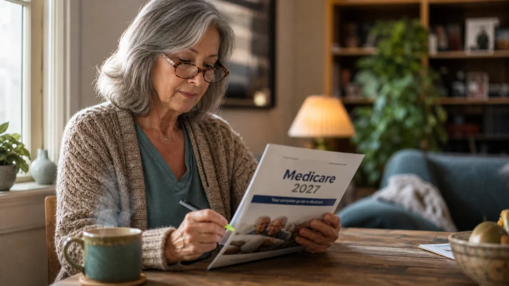 A woman in her early 60s thoughtfully reviews a 2027 Medicare booklet at her sunlit kitchen table.