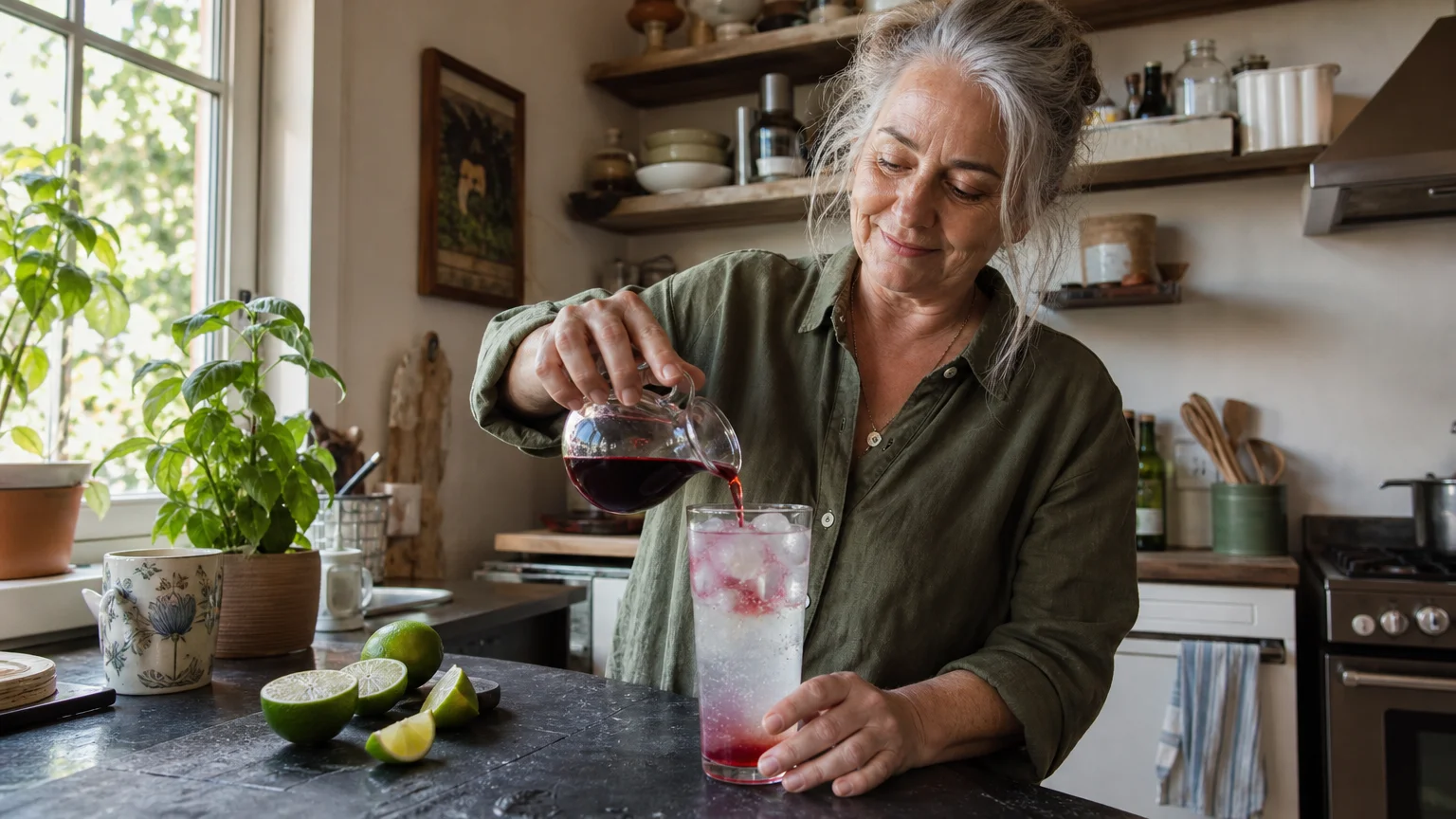 A woman in her kitchen pouring a splash of cherry juice into a clear soda, creating a refreshing mocktail.