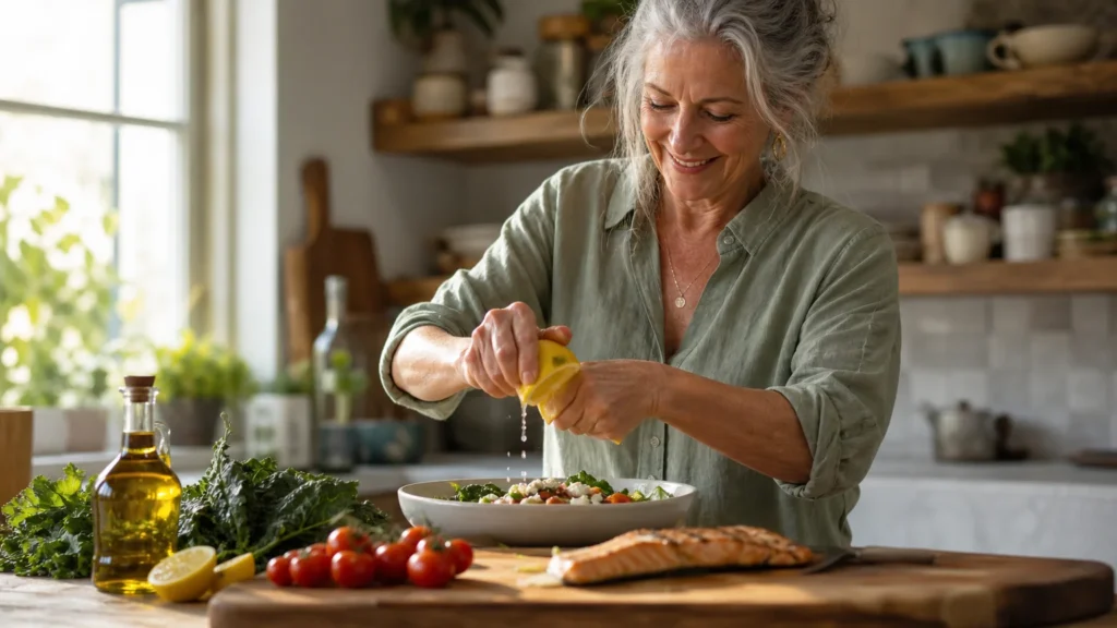 A woman over 60 happily prepares a fresh, nutrient-dense Mediterranean salad with salmon and leafy greens in her sunlit kitchen.