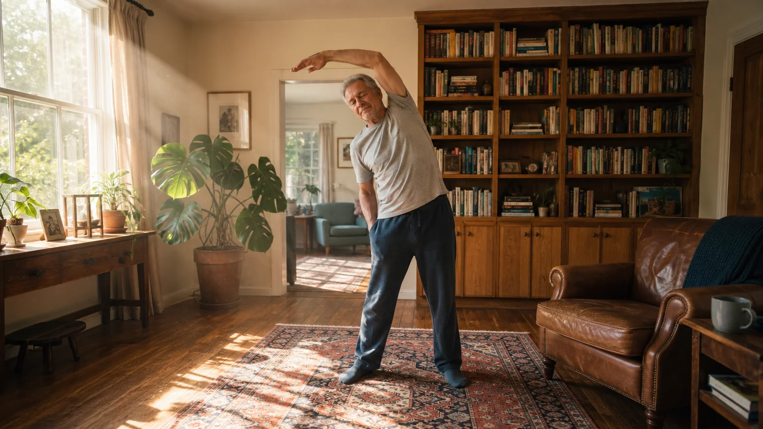 An active older man in comfortable casual clothes stretches in his cozy, sun-drenched living room next to a plant.