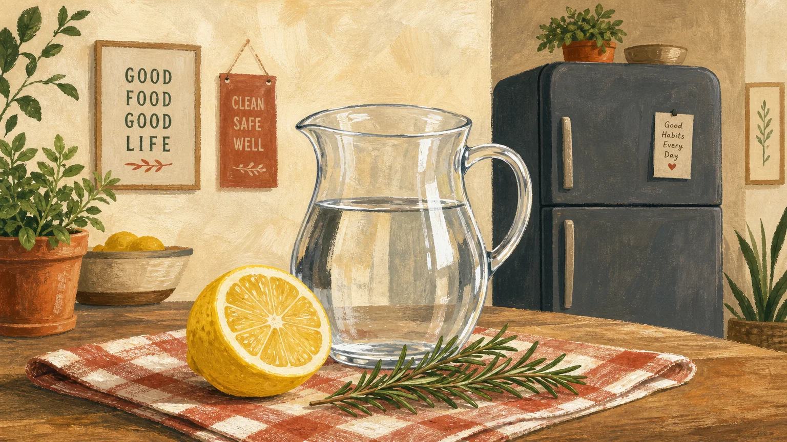 An artistic gouache painting of clean kitchen items and a closed refrigerator, symbolizing hygiene and food safety.