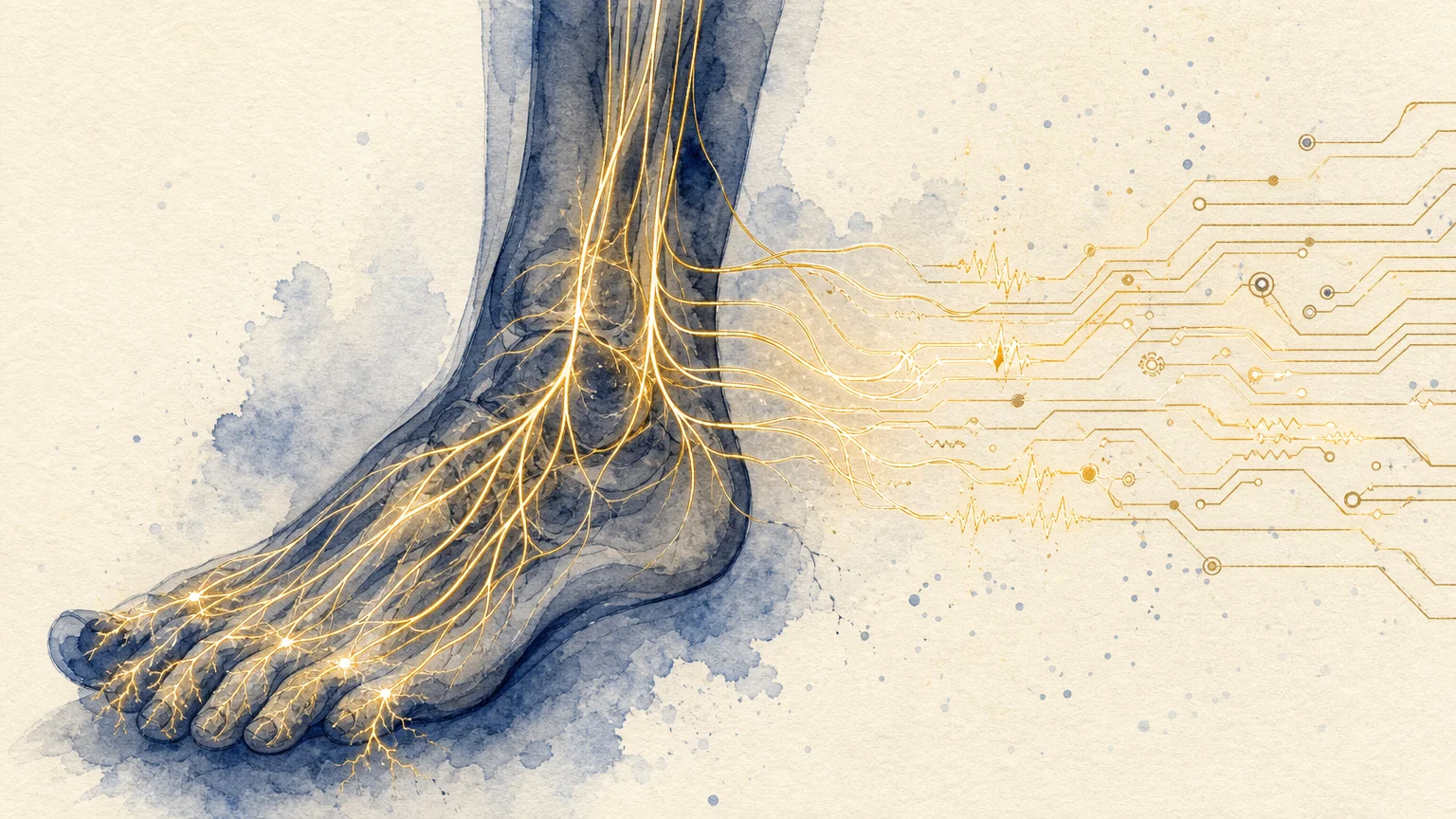 An artistic illustration of a foot with glowing golden lines representing the nervous system's electrical grid and communication lines.
