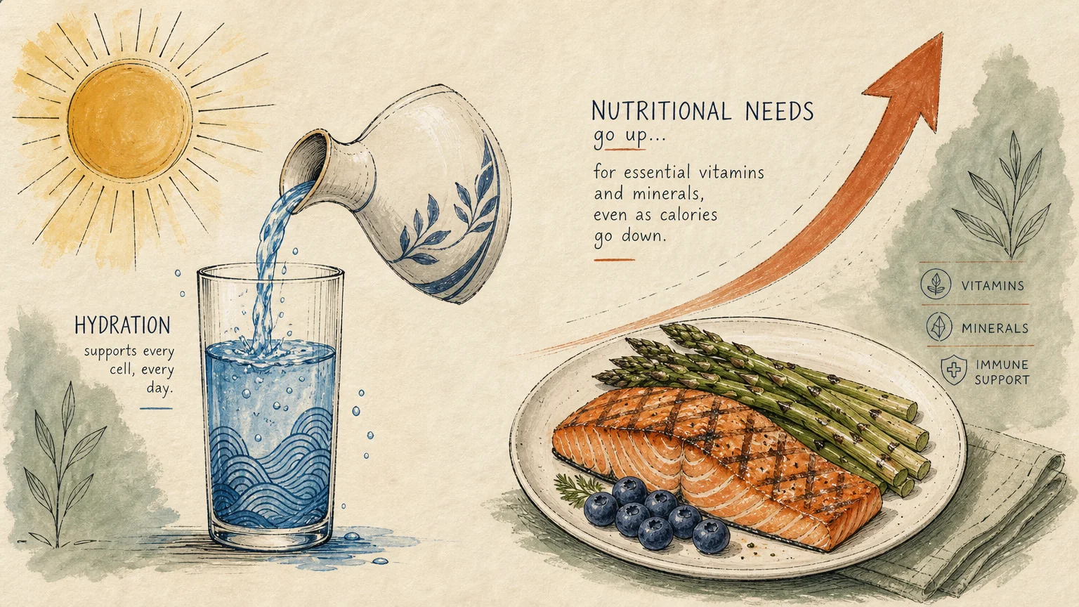 An artistic split-screen illustration showing a glass of water on the left and a nutrient-dense plate of salmon and greens on the right with