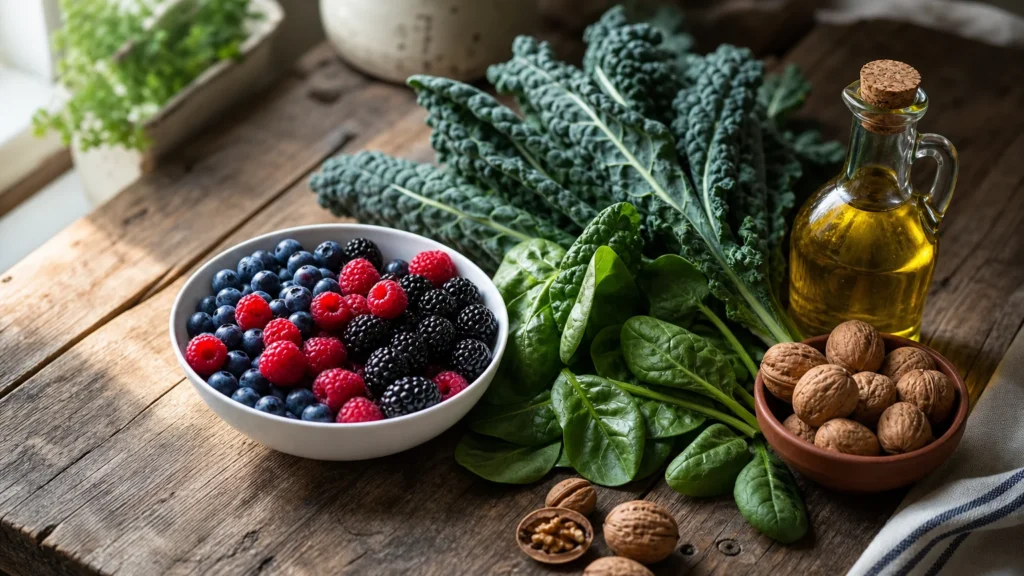 An editorial photograph of brain-healthy foods like fresh berries, leafy kale, olive oil, and walnuts on a rustic wooden table.