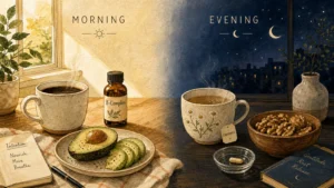 An elegant split-screen illustration showing morning sunlight on a breakfast table and warm evening twilight with a cup of tea.