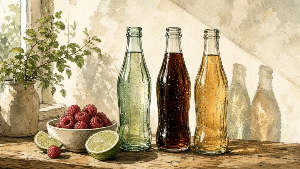 An elegant watercolor illustration of three unlabeled glass soda bottles on a sunlit wooden counter, evoking mindful beverage choices.