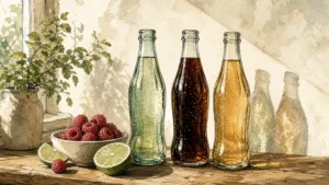 An elegant watercolor illustration of three unlabeled glass soda bottles on a sunlit wooden counter, evoking mindful beverage choices.