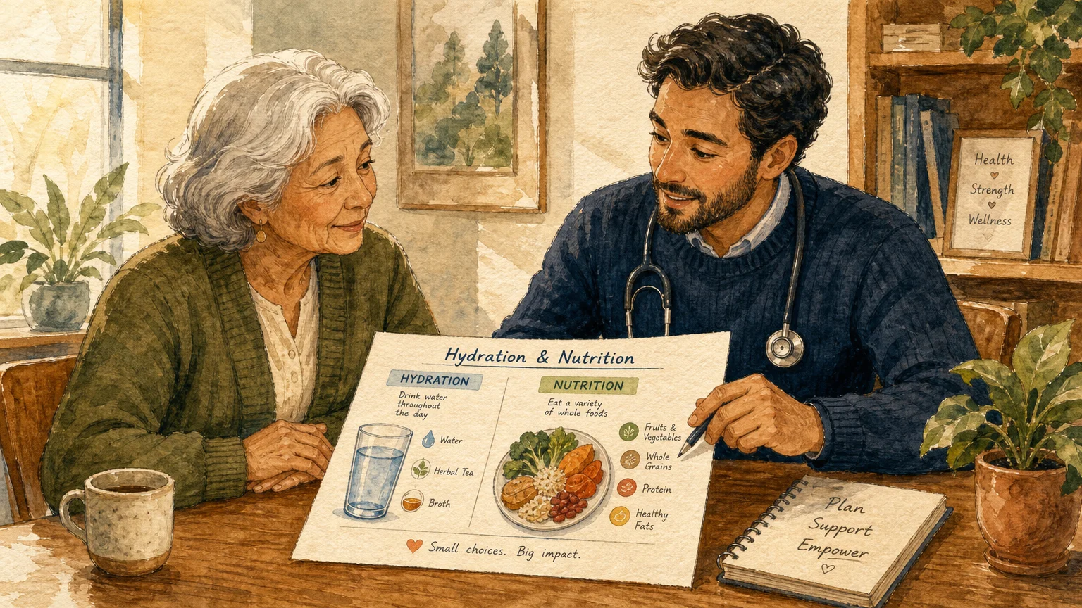 An illustration of a doctor in a knit sweater consulting with an older adult at a wooden table in a warm, comfortable office.