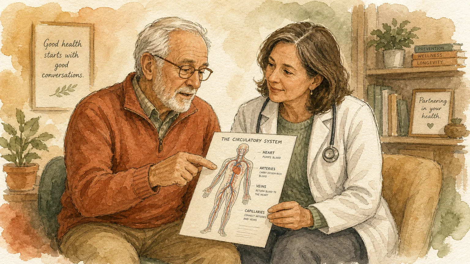 An illustration of a senior man and a doctor looking at a medical chart together in a warm, collaborative office setting.