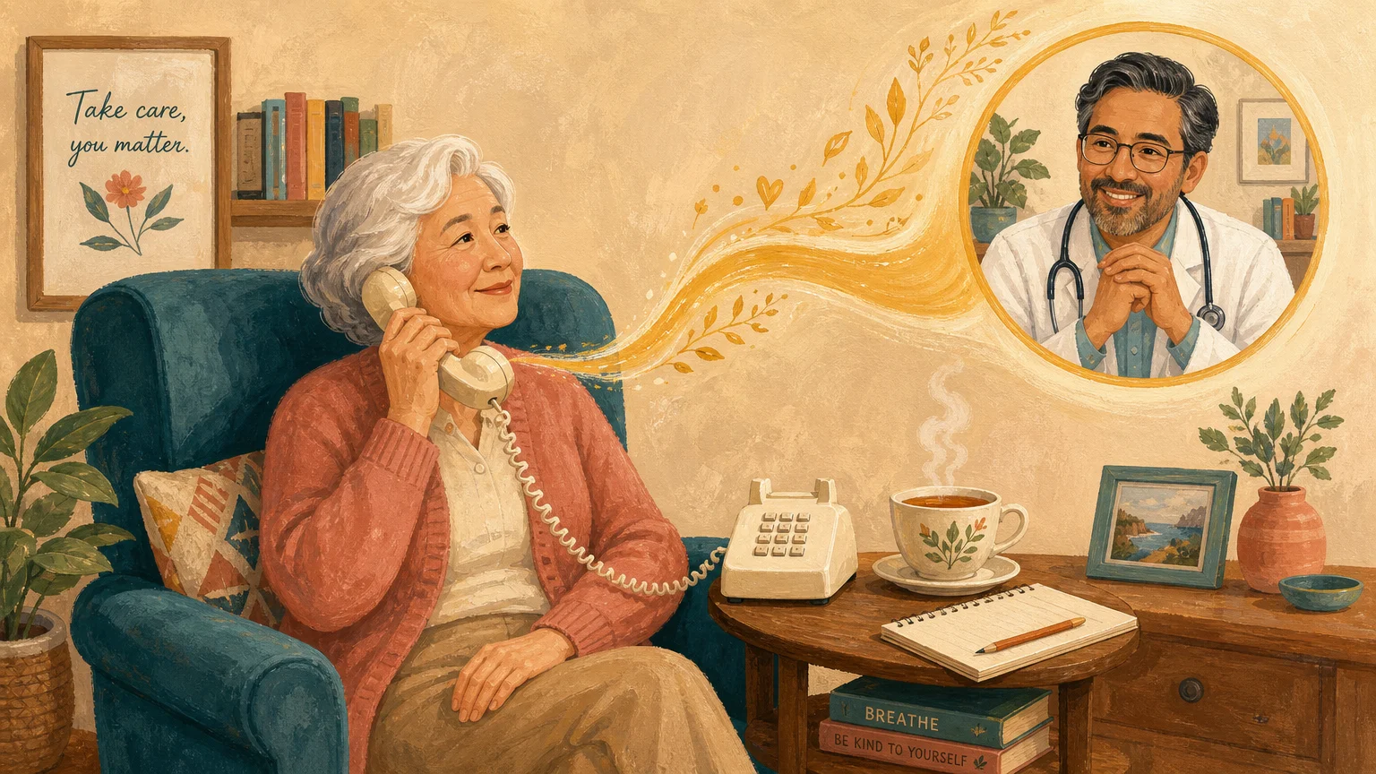 An illustration of an older adult comfortably talking on the phone with a friendly doctor from a cozy armchair.