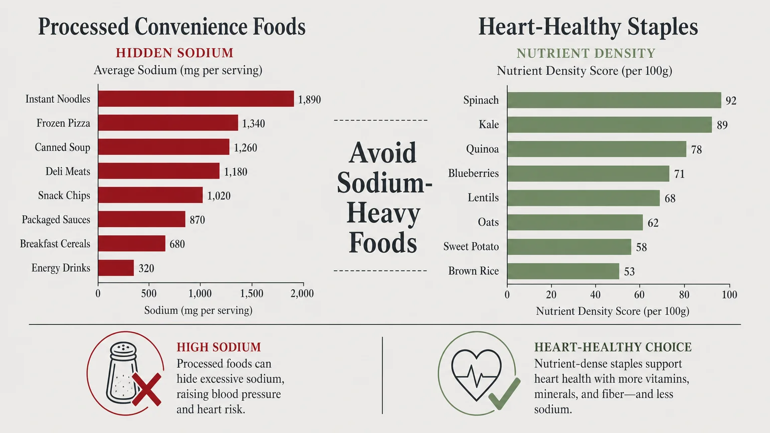 An infographic comparing the high sodium in processed foods to the high nutrient density of heart-healthy staples.